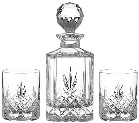 DIAMANTE 3 Piece Whisky Set ‘Old Buckingham' 3 Piece - 1 Decanter and 2 Tumblers Packaged in a Black Satin Lined Gift Box - Lead Free Crystal
