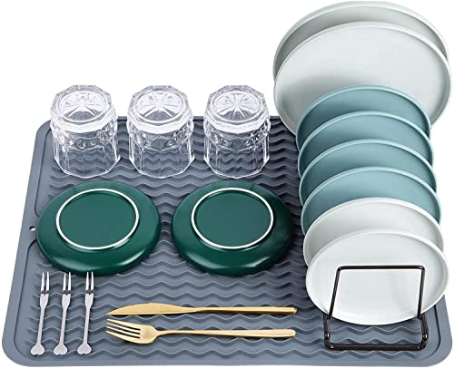 Scolapiatti, scolapiatti per stoviglie, lavello, Tappetino in silicone resistente al calore, antiscivolo, grande 40 x 30 cm, grigio