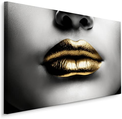 Muralo Leinwandbilder Canvas Goldene Lippen Mund Frau Gesicht ABSTRAKTION 3D Effekt Moderne Muster Wanddeko Design XXL für Wohnzimmer Esszimmer Schlafzimmer Br. 40cm x Hö. 30cm