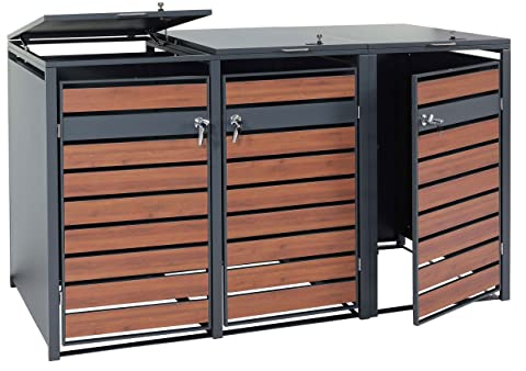 XL 3er/6er-Mülltonnenverkleidung HWC-J81, Mülltonnenbox, Metall 95kg anthrazit - Kirsche-Holzoptik Dunkelbraun