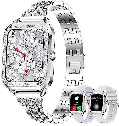 fitonyo Smartwatch Damen mit Telefonfunktion Diamant,1.29 Touch-Farbdisplay,110+ Sportmodi,Musik,Fitness-Tracker Smartwatches für Damen,3 Band (Diamant Silber)