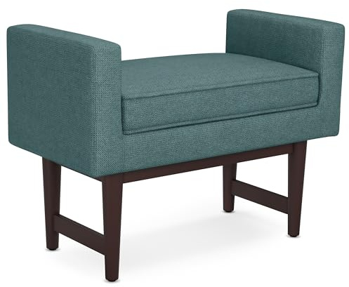 SIMPLIHOME Scott Small Ottoman Bench - 29 inch Wide Upholstered Linen Fabric Rectangle Ottoman in Smoky Teal, Contemporary Bench for Bedroom or Living Room with Raised Sides and Cushioned Seat