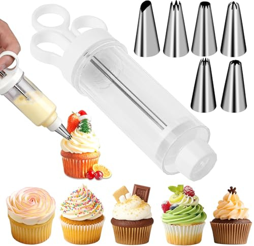 Suuker Cake Decorating Gun, Cupcake Icing Piping Kit, Cake Decorating Kit with 6 Stainless Steel Piping Tips, Cupcake Injector/Decorating Icing Set, White
