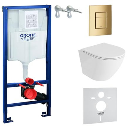 Elemento de pared Solido + pared colgante WC Sofi One blanco sin borde + asiento de inodoro SoftClose | Botón dorado | Juego completo | cisterna empotrada | inodoro completo