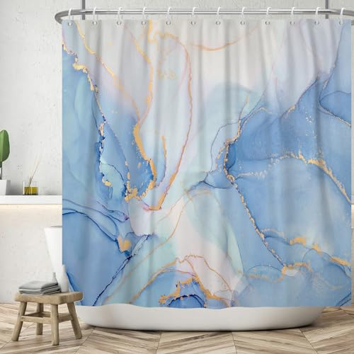 ASDCXZ Marmor Duschvorhang 180x180 cm, Modern Abstrakt Blau Weiß Gold Marmor Optik Textur Waschbar Bad Duschvorhänge Polyester Textil Wasserdicht Duschvorhang für Badewanne mit 12 Haken