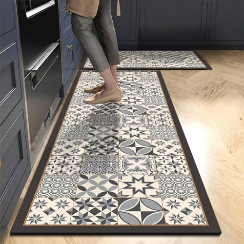 Tapis de Cuisine Motif Bleu - Gris Tapis Cuisine Devant Evier Long Antidérapant et Lavable Ensemble Universel Salon Couloir Douche Entree Porte
