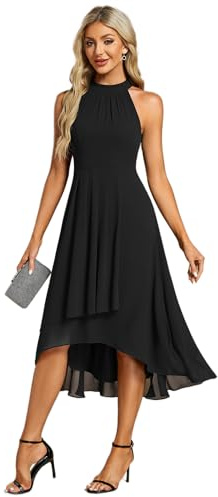 Ever-Pretty Robe Mariage Invitée Femme Épaules Dénudée Plissé High Low sans Manches Mousseline Ourlet Irrégulier Chic Noir 50