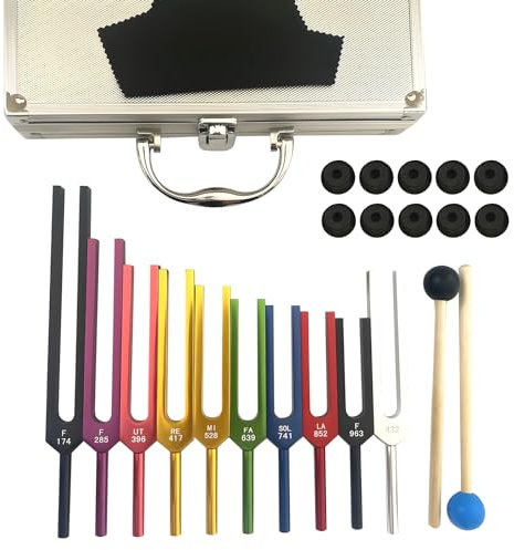 Solfeggio Stimmgabel-Set, 432 Hz, Ungewichtet, Bunt, 10 Stück - Chakra-Musik Mit Geschenkbox Und 2 Gummischlägeln Für Meditation, Klangheilung