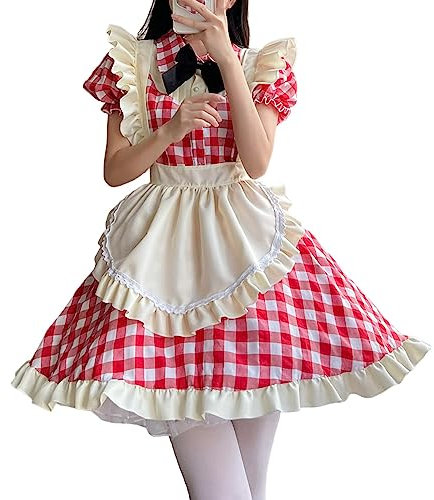 Chnnamzu Dirndl Damen Midi Trachtenkleid, Midi Dirndl Damen Kleid mit Schürze, Maid Dress Lolita Dress Cosplay Anime Set Dirndl & Dirndl-Sets für Damen Mädchen Oktoberfest Outfit