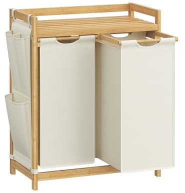 SONGMICS Laundry Basket with 2 Compartments, Laundry Hamper, Holds up to 100 L, Laundry Sorter, with Shelf, Laundry Bag, Side Pockets, 2 x 50 L, 63 x 33 x 78 cm, Cream White RLH100W01