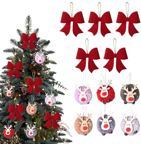 OMJMYY 11 Stück Weihnachtsbaum Anhänger Set, Weihnachtsanhänger Elch Deko Weihnachtsschleifen Christbaumschmuck Filz Holz Weihnachtsdeko für Weihnachten Feiertag Party Zaun Haustür Deko