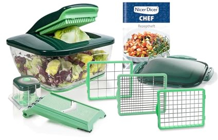 Genius Nicer Dicer Chef Gemüseschneider Gemüsehobel 10.tlg, Küche Helfer als Zwiebelschneider, Salatschneider, Würfelschneider Pommesschneider Wellenschneider, Multizerkleiner Obst Gemüse mit Rezept