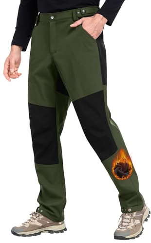 Xnova Pantaloni Trekking Uomo Invernali in Pile Pantalone da Lavoro Impermeabili Termici, Pantaloni Felpati Caldo Cargo Pantaloni Softshell Montagna Caccia con Vita Elasticizzati, Verde Militare, XL