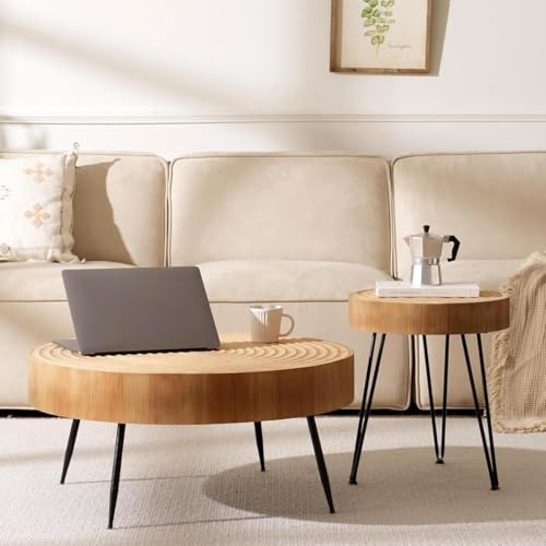 Wohnzimmertisch Rund 2er Set, 2er Couchtisch Runder aus Holz in Form eines Jahresrades, ø77x36cm mit 40x47cm Coffee Table Rund mit Schwarzen Metallbeinen (Eines Jahresrades,ø77x36cm mit 40x47cm)