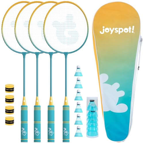 JOY SPOT! Federball Schläger Set of 4, Leichter Badminton Schläger Set mit Tragetasche für Indoor Outdoor, 6 Federbälle & 4 Ersatz-Griffbänder, Sportspiel für Erwachsene & Anfänger