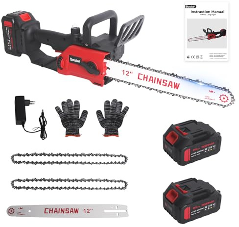 Bostar Motosierra Batería 12 (30cm) Motor Brushless, Motosierra Eléctrica Inalámbrica para Poda Jardín y Leña, Compatible Batería Makita, Tensor Sin Herramientas, Incluye 2 Baterías y Aceite Auto