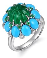 Verlobungsring, Damenring Zeigefinger Silber Blume mit 3,99 Ct Künstlichem Smaragd und Türkis 14K Weißgold Größe 54 (17.2)