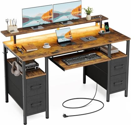 Rolanstar Gaming Schreibtisch mit LED, Steckdose, Gaming Tisch mit 4 Stauraum, Tastaturablage, 120 cm Computertisch mit Monitorständer für Home, Office, Büro (Vintagebraun)
