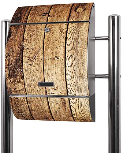 banjado® Standbriefkasten Edelstahl mit Zeitungsfach Motiv Geöltes Holz/Briefkasten mit Standfuß/Edelstahl Briefkasten freistehend - A4 Einwurf inkl. 2 Schlüssel