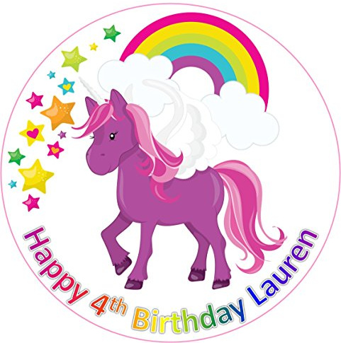 7.5 inch circle round unicorn purple cake topper printed edible icing personalised