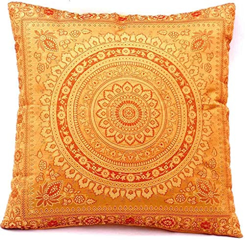 Ruwado Handgewebt und Handgefertigt Indische Banarasi Seide Kissenbezug, Zierkissenbezug, Sofakissenbezug, Dekokissen - Mandala Muster 40 x 40 cm | 16 x 16 Zoll, Golden