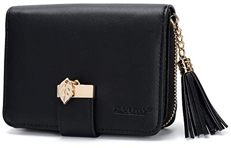 CALIYO Geldbeutel Damen aus glattem und weichem Synthetisches Leder, Geldbörse Damen klein und im Kurzformat, Portemonnaie mit Druckknopf und Reißverschluss und viele Fächer (Schwarz).