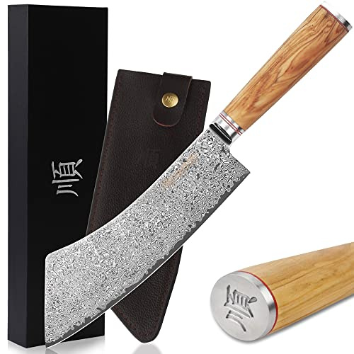 YOUSUNLONG Cuchillo Híbrido Cleaver - 228mm - Acero Damasco Martillado Japonés - Cortador Carne, barbacoa, carne picada - Mango de madera de olivo italiano con funda de cuero