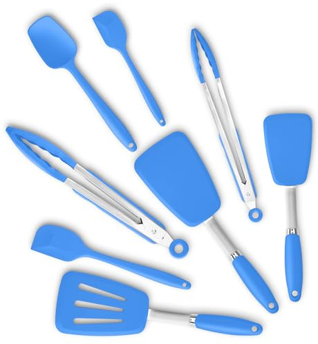 Silicone Spatulas Set Turners Tongs Cooking Utensils Set High Heat Resistant Kitchen Scraper Spatulas for Cooking Mixing Baking BPA Free Dishwasher Safe, Blue | Steel-core Utensils, Nonstick-safe Silicone Turners and Tongs for Flipping, Grilling, Mixing and Baking, Dishwasher Safe