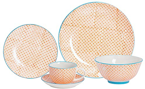 Nicola Spring Hand Printed 24 Piece Dinner Set - Orange - Stoneware Japanese Style Dinner Plates, Bowls, Side Plates, Tea Coffee Mugs and Saucers for Kitchens, Cafes & Restaurants