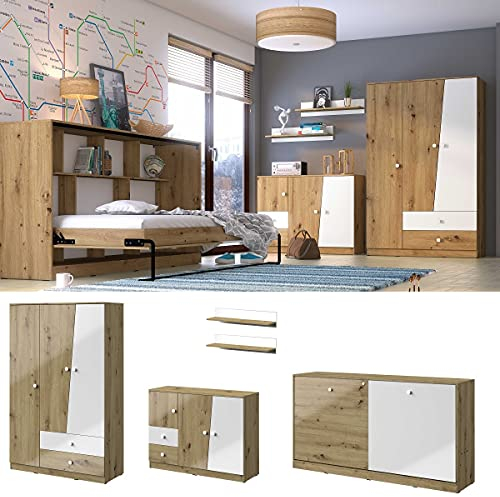 QMM Jugendzimmer Kinderzimmer komplett Neo Set D Schrank 3-türig Kommode Wandregale Schrankbett horizontal Farbauswahl (Weiß Matt)