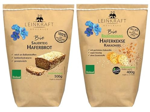 Leinkraft Bodensee Probierpaket Bio Haferbrot- und Haferkekse Kakaonibs Backmischung 100% deutscher Hafer, Probierset eigene Herstellung