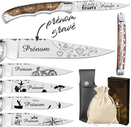 Couteau Marque Laguiole Bougna personnalisé avec dessin et prénom gravé - Cadeau pour homme : fête des pères, papa, tonton, grands pères (papi, papy) anniversaire, noël burl (Couteau)