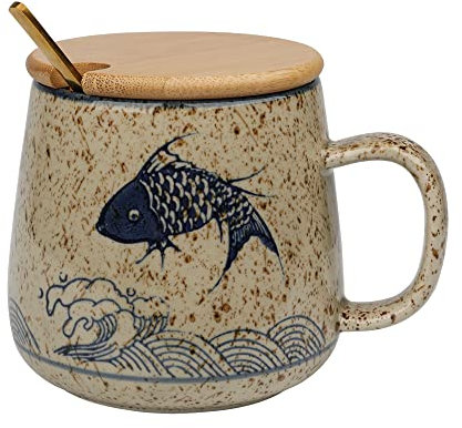 HLZK Tazza da caffè in ceramica giapponese retrò, unica e raffinata, con cucchiaio e coperchio, 362,9 g, tazza da tè in argilla, regalo creativo per amici/amanti (carpa)