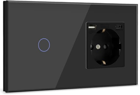 BSEED Touch Lichtschalter mit USB Steckdose Anschluss (Max. 2.1A) Typ C Port 1 Fach 1 Weg Wandschalter mit USB Steckdose Unterputz Lichtschalter mit Glasrahmen Schwarz (Nicht Smart Schalter)