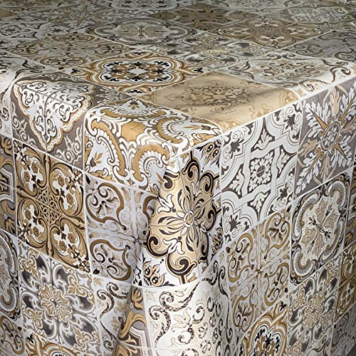 KEVKUS Tovaglia cerata 01657-02 mosaico piastrelle marocchine beige rettangolare rotonda ovale (bordo: passamontagna (bordo all'uncinetto), 140 x 340 cm ovale)
