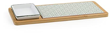 H&H Tagliere in Bambù con Inserto in Stoneware Decorato e una Coppetta in Porcellana Bianca cm 12x30