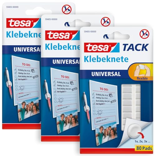 tesa TACK Klebeknete im 3er Pack - selbstklebende, formbare Klebepads zum Befestigen leichter Objekte auf festen Oberflächen - weiß, 3 x 80 Stück