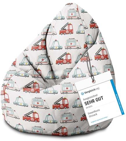 DreamRoots Sitzsack Kinder 70x70x105, Emergency Vehicles | Bean Bag Kinder mit Lehne, Hocker & Bezug, Sitzkissen Boden, Bubibag, mit Füllung, Kinderzimmer