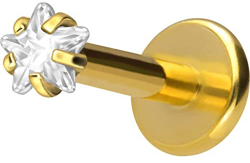 PIERCINGLINE Titan Labret mit Gewinde Aufsatz EINGEFASSTER KRISTALLSTERN Piercing Lippe Nase Ohr Helix Tragus Medusa Goldfarben 1,6 x 10 mm