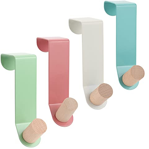 PEAKTOP 4 Ganchos Sobre Puerta, 4.5CM Ganchos para Puertas de Armario, Gancho para Puerta Reversible, Metal Ganchos Colgador para Puertas de Dormitorio Cajones Baño Cocina - Azul Blanco Rosa Verde