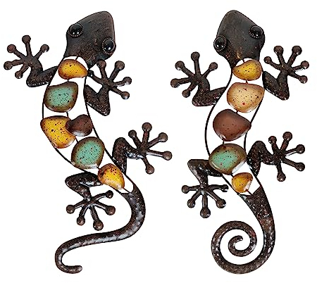 Liffy Métal Salamandre Murale Décorations Mural Art Suspendues Sculptures, Grand Lézard Murales Décoratives pour Maison, Jardin, Cour, Clôture, Lot de 2 (Marron)