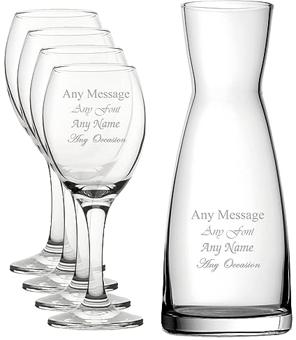 Lot de 4 verres à vin pur et carafe contemporaine, personnalisables avec n'importe quel message pour toute occasion, stylisez à partir d'une variété de polices, boîtes cadeaux incluses, gravure au