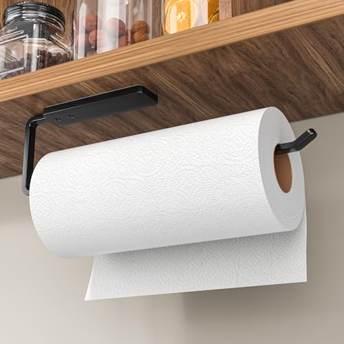Niffgaff Porta rotolo di carta da cucina senza fori - Organizzatore da cucina per rotolo di carta, 31 cm, autoadesivo, alluminio, nero
