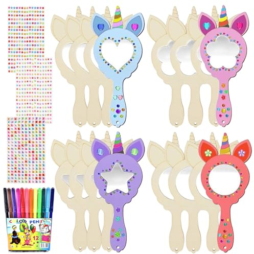 12 Stück Einhorn Basteln, DIY Holzspiegel Handwerk für Kinder, Einhorns Spiegel Holz Basteln Kindergeburtstag Holzspiegel, Mini Holz einhorns Spiegel, einhorn Kindergeburtstag Mitgebsel Geschenk Party