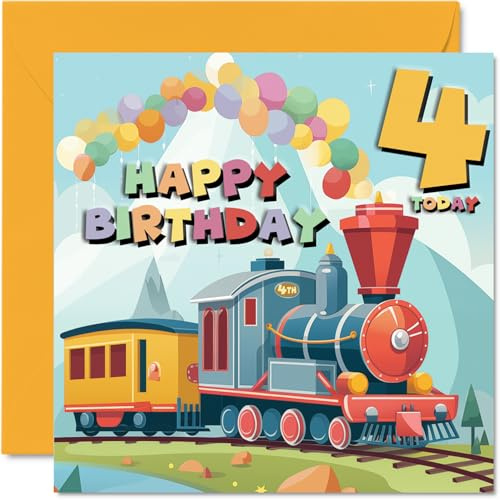 Carte d'anniversaire 4 ans pour garçons et filles – Train à vapeur – Carte d'anniversaire de 4 ans pour garçon et fille, cartes de vœux pour lui, elle, cartes de vœux de 145 mm, nièce, neveu, enfants