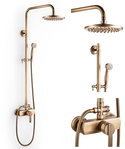Sistema doccia con rubinetto, in ottone anticato, set completo per doccia in stile retrò Glod, set completo per doccia, set doccia con doccia a pioggia da 8, doccetta regolabile, altezza 70 – 120 cm