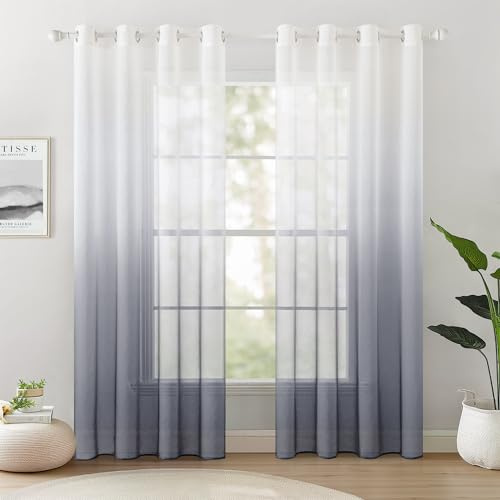 Woaboy Vorhang Voile Wohnzimmer Ösenschal Gardine 140x225 cm Grau | 2er Set Transparente Gardine Ösenschal Dekoschal Fensterschal Lichtdurchlässig für Schlafzimmer und Wohnzimmer