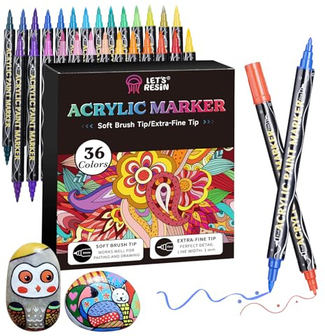 LET'S RESIN 36 rotuladores de pintura acrílica, marcadores de doble punta fina y pincel, fuerte cobertura, bolígrafos de colores brillantes para rocas, lienzo, madera, vidrio, tela, plástico