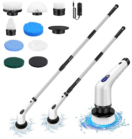 HSHa Cleaning Brush, Electric Spin Scrubber Cordless Shower Cleaner 2 Speed with Adjustable Extension Arm, 360° Rotating Brush Head for Kitchen, Bathroom, Floor, White