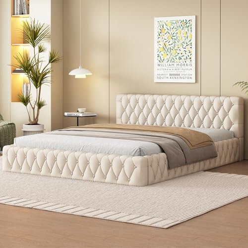 Ymkua Polsterbett, 140x200 Bett, Doppelbett, Jugendbett mit Lattenrost aus Holz, Bettgestell mit Kopftei Rückenlehne, Bettrahmen für Schlafzimmer, Zimmer, Appartements, Velours, Ohne Matratze (Beige)